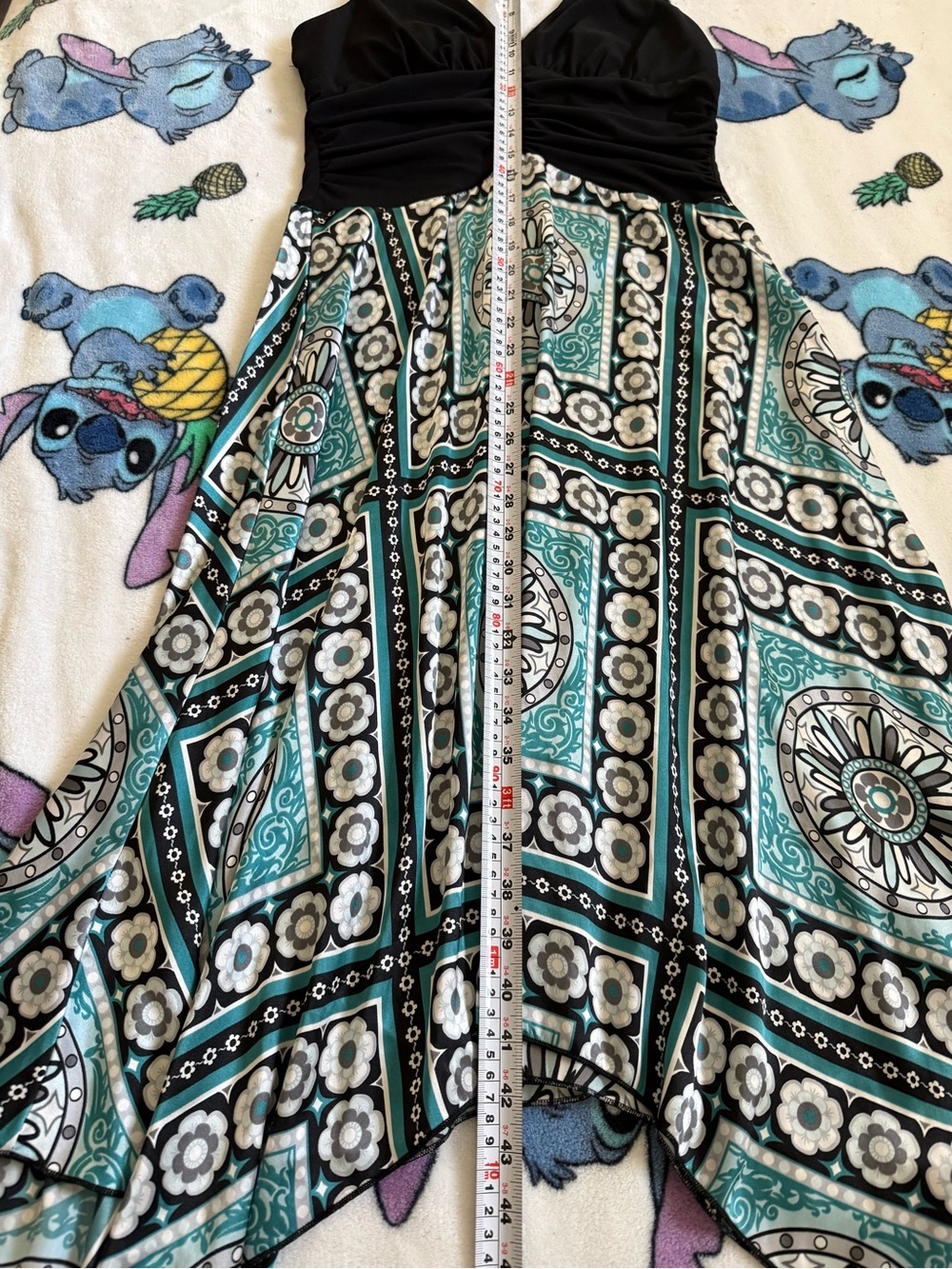 Dressbarn Size 6 Y2K Boho Halter Dress Teal Medallion Handkerchief Hem Ruched - Picture 11 of 13